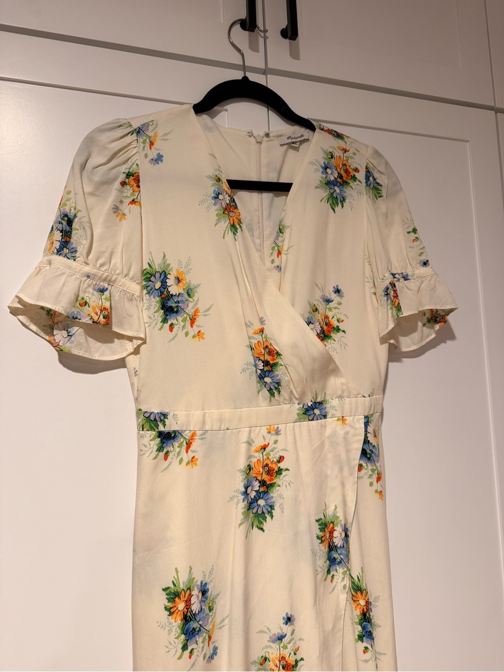 Madewell Cream Floral Wrap Midi Dress with Ruffle Sleeves